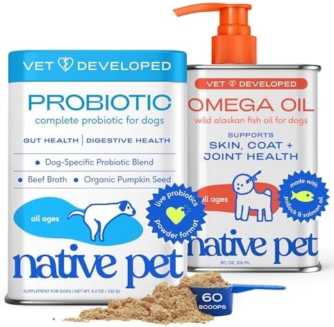 Native Pet Omega 3 Fish Oil for Dogs 8Oz & Probiotics for Dogs 8.2Oz Powder Food Topper - Fish Oil & Dog Probiotic Powder - Supports Skin, Coat, Gut Health, Heart & Digestion - Vet Formulated