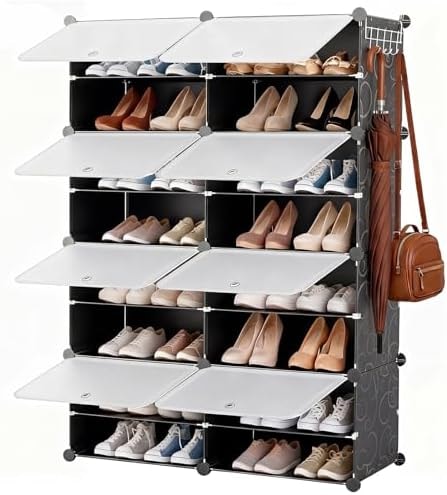 DUMOS 8-Tier Shoe Storage Cabinet with Door, Stackable, 32 Pairs, Black