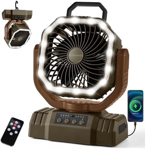 Odoland Portable Camping Fan with LED Lantern, 20000mAh Rechargeable Battery Powered Fan with Auto Oscillation, Timer, Remote, 360° Rotation Hook, 4 Speeds for Power Outage Travel Home,Brown