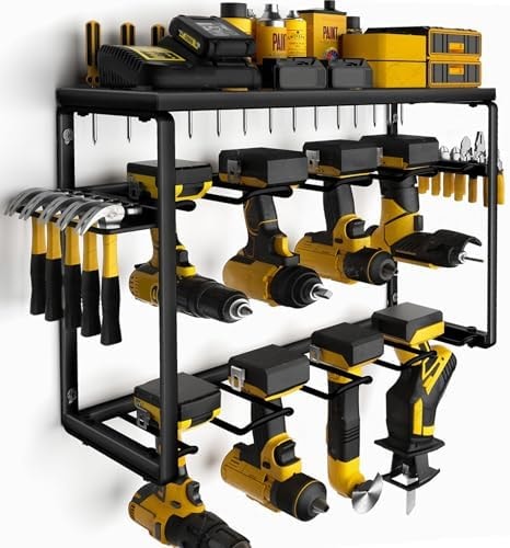 Spampur Power Tool Organizer, 8 Drill Holders Wall Mount, 3 Layer Heavy Duty Metal Storage for Garage Organization, Tools Storage with Hooks, Screwdriver Hammer Holder, Father's Day Mens Birthday Gift