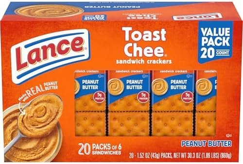 Lance Sandwich Crackers, ToastChee Peanut Butter, 20 Individually Wrapped Packs, 6 Sandwiches Each