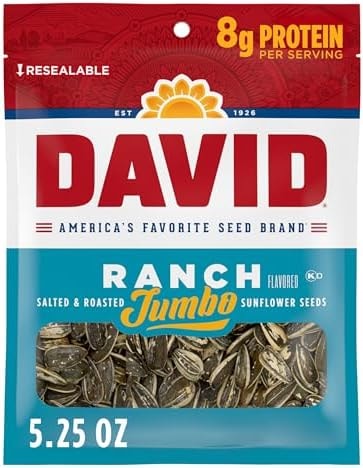 DAVID SEEDS Roasted and Salted Ranch Jumbo Sunflower Seeds, Keto Friendly, 5.25 oz, 12 Pack