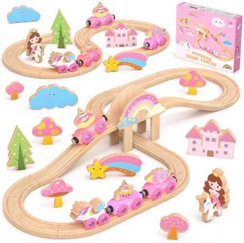 Hot Bee Pink Wooden Train Set, Girls Birthday Gift Unicorn Toy Age 3+