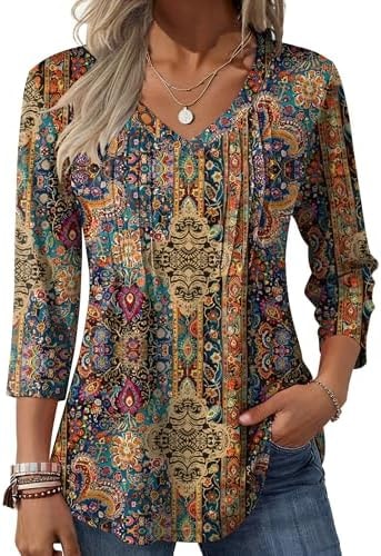 Zeagoo 3/4 Length Sleeve Womens Tops Casual V Neck Pleated Fall Top