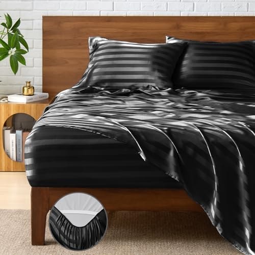 BEDELITE Jacquard Striped Satin Sheet Queen Size, Black, 4 Pieces
