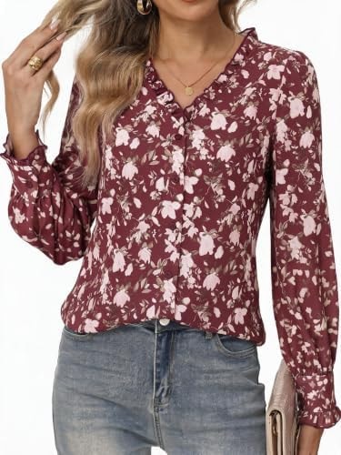 GRACE KARIN Women's Boho Floral Button Down Fall Dressy Blouses Brown XXL