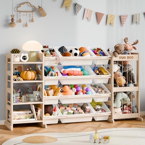 Large Kids Toy Storage Organizer - Toy Organizers and Storage with Stuffed Animal Storage, Solid Wood Toy Storage Shelf with 12 Plastic Bins, 4-Tier Bookshelf for Kids Room, Playroom, Bedroom, 59 inch