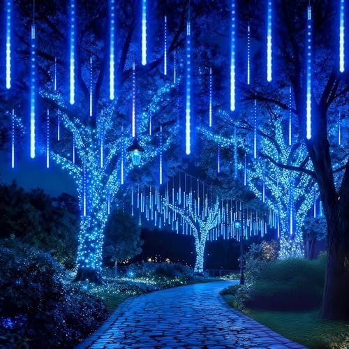 EEIEER Meteor Shower Lights, 11.8 inches 10 Tubes 240 LED Christmas Meteor Lights Snowfall Light for Outdoor Decoration, Waterproof Falling Rain Drop Light for Garden Tree Party Holiday-Blue