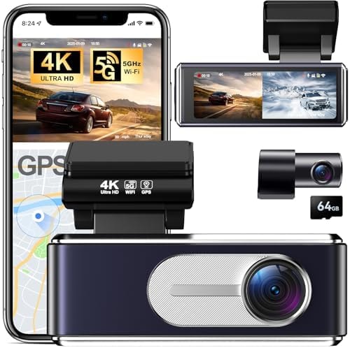 4K Dash Cam Front and Rear,with 64GB Card,Built in 5.8GHz WiFi & GPS Car Camera,Super Night Vision,Advanced Driver Assistance System,3.2'IPS Screen,24H Parking Mode,Time-Lapse,Loop Recording