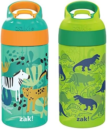 Zak Designs 16oz Riverside Kids Water Bottle with Spout Cover and Built-in Carrying Loop, Made of Durable Plastic, Leak-Proof Water Bottle Design for Travel (Dino Camo & Safari, Pack of 2)