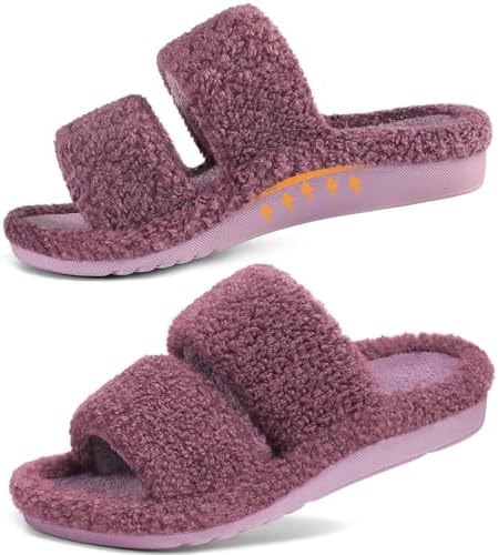Litfun Women's Arch Support House Slippers, Fuzzy Open Toe Indoor Shoes