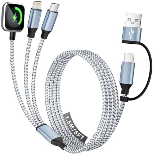 Travel Essentials 3 in 2 Charging Cable for Phone Watch Charger, USB A/USB C Multi Charging Cable/Cord for All Devices Compatible for iWatch Ultra/SE/11-2, iPhone17 15 14, Android, More - 5FT
