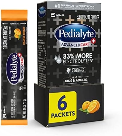 Pedialyte AdvancedCare Plus Electrolyte Powder, Has 33% More Electrolytes and PreActiv Prebiotics, Orange Breeze, 6 Powder Packets