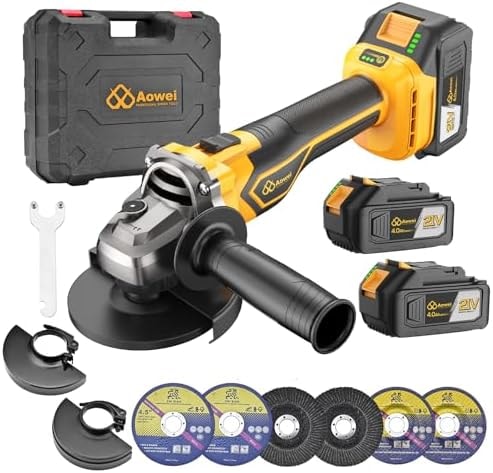 Aowei Brushless Cordless Angle Grinder, 21V Angle Grinder Toolbox Kit, with 2x4.0Ah lithium batteries and charger, yellow 4-1/2 inch grinder, suitable for cutting, grinding, polishing