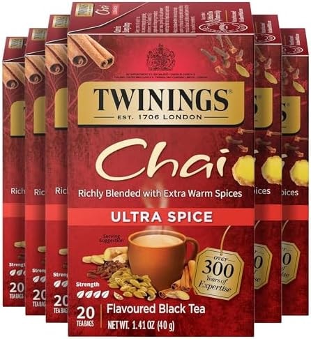 Twinings Ultra Spice Chai Individually Wrapped Bags, 20 Count (Pack of 6), Sweet, Savoury Spices, Caffeinated, Enjoy Hot or Iced, 120 Teabags
