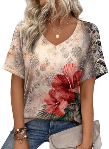 Zeagoo V Neck Tops for Women Bohemian Floral Short Sleeve Boho Beach Tee