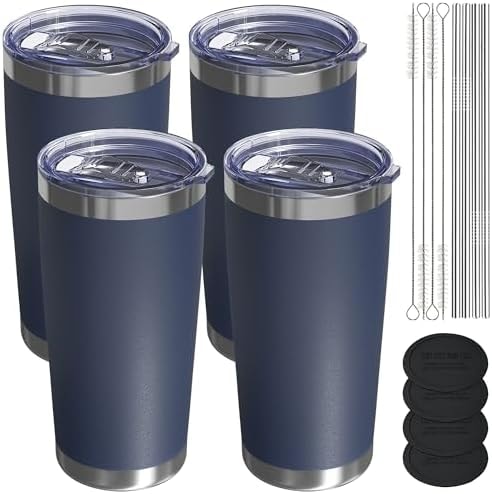 UIRZOTN Travel Coffee Tumbler 20oz, 4 Pack Leakproof Travel Coffee Mug with Lid and Straw, Stainless Steel Double Wall Vacuum Insulated Tumbler for Hot/Iced Drinks (Textured Matte, Navy Blue)