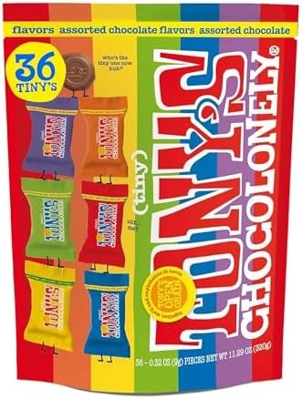 Tony’s Chocolonely Assorted Chocolate Candy Pieces, Belgian Milk & Dark Chocolate, Caramel Sea Salt, Almond Sea Salt, Honey Almond Nougat, Pretzel Toffee, Quality Fairtrade Cocoa, 36 Count, 11.28 Oz