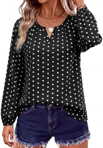 Zenlonr Womens Dressy Casual Blouses V Neck Shirts,Black White Dot,XXL