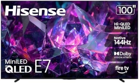 Hisense 100" E7 Cinema Series Hi-QLED Mini-LED 4K UHD Smart Fire TV (100E7SF, 2026 NEW) - Native 144Hz, AI Picture, Dolby Vision IQ · Atmos, FALD, HDR10+ Adaptive, MEMC, Alexa+
