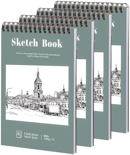 4 Pack Small Sketch Books, 5.5 x 8.5 Inch Mini Sketchbook, 68lb/100gsm Spiral Bound Small Sketch Pad, Acid Free Art Supplies Drawing Painting Sketchbook for Kids, Beginners, Artists (30 Sheets Each)