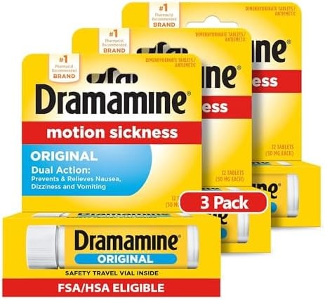 Dramamine Motion Sickness Original, for Nausea Relief During Travel, 12 Count, Pack of 3