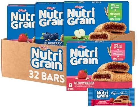 Nutri-Grain Breakfast Bars, Made with 10g Whole Grains, Kids Snacks, 3-Flavor Variety Pack (4 Boxes, 32 Bars)