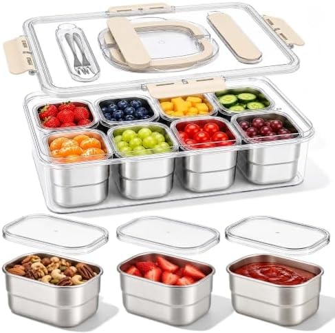 Stainless Steel Snackle Box Container,Dishwasher Safe Snack Box with 8 Removable 304 Stainless Steel Inner Trays,4 Built-in Fruit Forks & Handle,Portable Divided Serving Food Tray for Travel Picnic