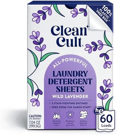 Cleancult Laundry Detergent Sheets - Resealable Box - 3 Stain Fighting Enzymes - Wild Lavender - 60 Loads - Free of Harsh Chemicals - No Mess - No Plastic Waste