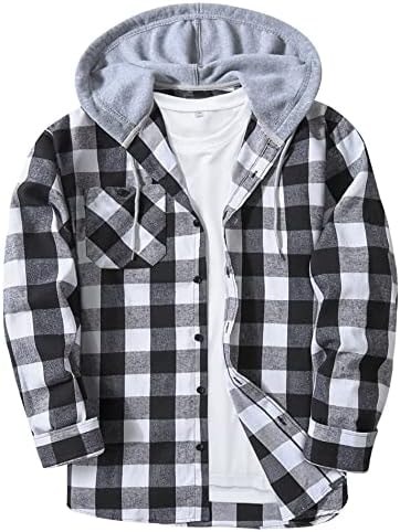 Flannel Shirt for Men Lightweight Casual Shackets Cotton Men Button Down Jacket Wish Hood Long Sleeve Plaid Shirt with Pockets
