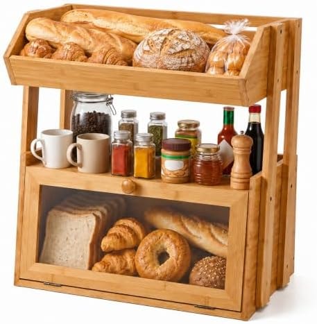 YanKiTour 3-Tier Bamboo Bread Box for Kitchen Countertop with Fruit Basket