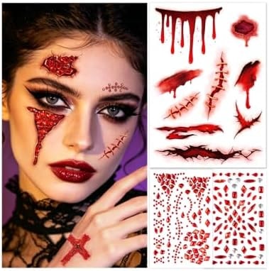 Halloween Fake Blood Face Tattoos with Gems, Realistic Scars Temporary Tattoos, Zombies Vampire Makeup Kit Decorations, Halloween Costumes Accessories for Women Adults