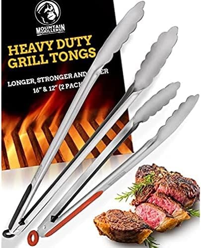 Mountain Grillers Grill Tongs for Cooking BBQ - 12 & 16" Set of 2 Heavy Duty for Serving Food Rubber Grips Long Locking Stainless Steel Kitchen Tongs & Barbecue No More Burnt Hands Heat Resistant