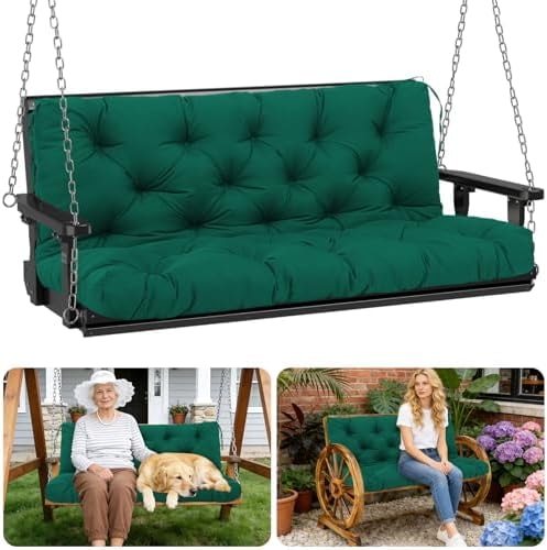 Porch Swing Cushions Outdoor 60 inch x 40 Waterproof Swing Cushions 3 Seater Replacement with Backrest & 8 Ties 5" Thick Bench Swing Cushions for Outdoor Furniture Patio(Dark Green)