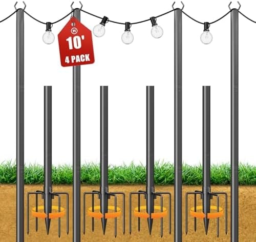 Jusgym String Light Poles for Outside, 10ft Adjustable Metal Poles for Outdoor String Lights Hanging Light, Outdoor Light Poles with Fork, for Patio, Deck, Backyard, Garden (4 Pack)