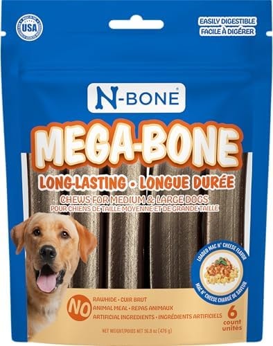 N-Bone Mega-Bone Large Dog Treats, SQF Certified Chewing Sticks, Long Lasting Dog Chews with Natural Ingredients, Made with Rice Flour for Easy Digestion, Mac n' Cheese Flavor, 6 ct. Pouch (16.8oz)