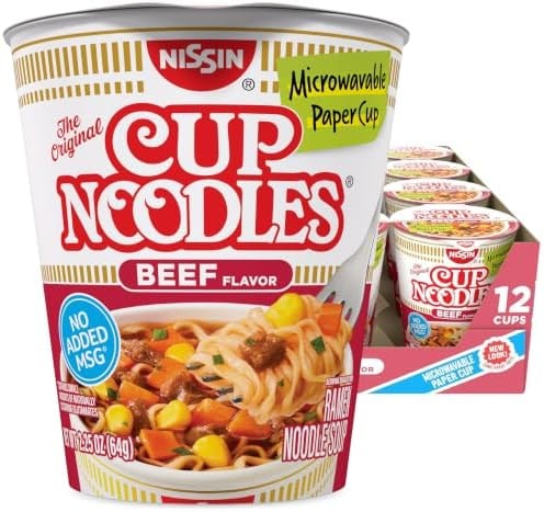 Nissin Cup Noodles Soup, Beef Flavor, Microwaveable Paper Cups, Instant Ramen, 2.25 Ounce (Pack of 12)