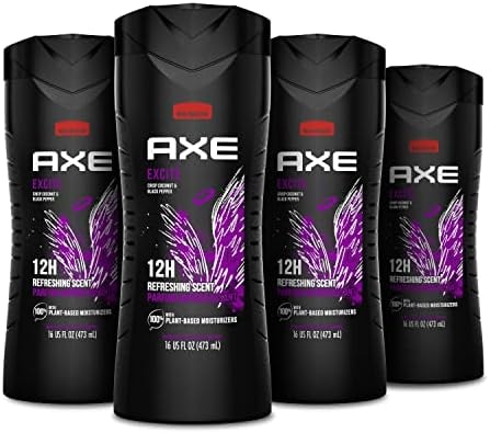 AXE Crisp Coconut & Black Pepper Body Wash 4 Count 12h Refreshing Scent Excite Men's Body Wash with 100% Plant-Based Moisturizers 16 oz