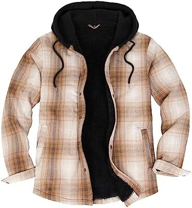 ZENTHACE Men's Sherpa Fleece Lined Flannel Shirt Jacket with Hood