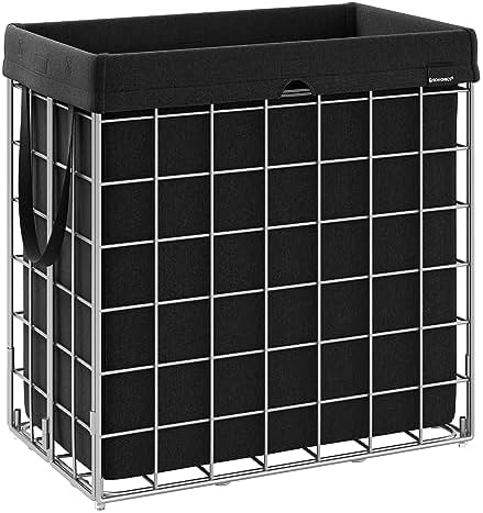 SONGMICS 29 Gal. (110L) Laundry Basket, Laundry Hamper, Collapsible Clothes Hamper, Removable and Washable Liner, Metal Wire Frame, for Bedroom Bathroom, Silver and Classic Black ULCB111B01