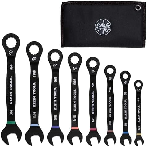 KLEIN TOOLS 69408G Ratcheting Combination Wrench Set, SAE, 8-Piece, 5/16 to 3/4-Inch, Steel Alloy, Foam Pouch, 90-Tooth