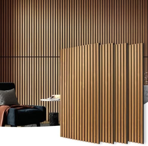 Art3d 4 Pack 47.2 x 23.6in. Wood Slat Acoustic Panels for Wall and Ceiling - 3D Fluted Sound Absorbing Panel with Wood Finish - Teak
