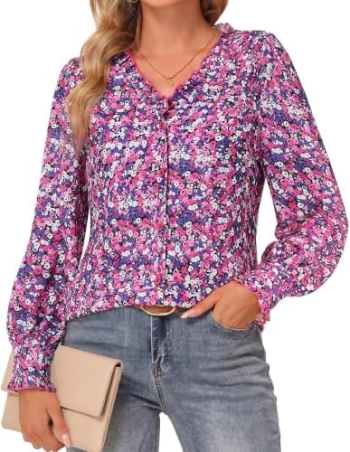 GRACE KARIN Womens Boho Floral Long Sleeve Blouses,2026 Summer V Neck Button Down Shirts,Dressy Casual Work Trendy Fall Tops Purple S