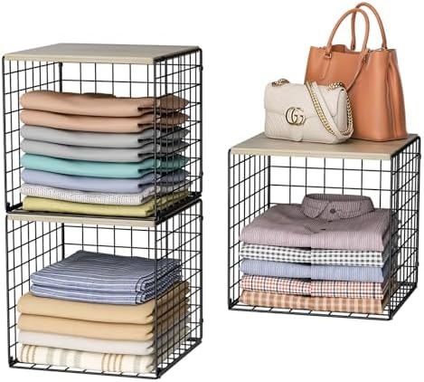 3PCS Stackable Closet Organizers and Storage, Shelves with Wood Top Extra Storage, Clothes Organizer Basket, Bin, or Tube for Wardrobe and Home Organization (Black-Sturdy Metal) Patent Pending