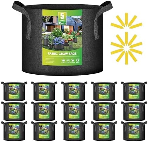iPower 15-Pack 5 Gallon Thickened Grow Bags Nonwoven Fabric Pots Aeration Container with Strap Handles for Garden and Planting, Black