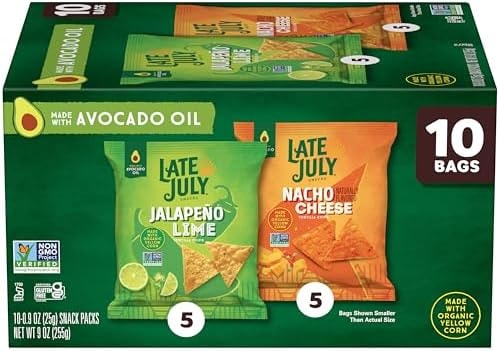 LATE JULY Snacks Variety Pack Tortilla Chips, 0.9 Oz 10 Count Snack Bags