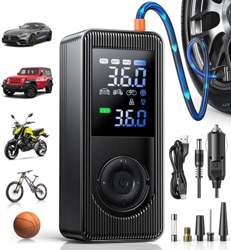Tire Inflator Portable Air Compressor - 150 PSI 4X Fast Inflation Rechargeable Battery & 12V DC Adapter Powered Air Pump for Car Bike Motorcycle Tires Balls with LCD Display, LED Light