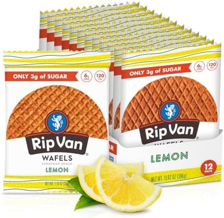 Rip Van WAFELS Lemon Stroopwafels - Healthy Snacks - Non GMO Snack - Keto Friendly - Office Snacks - Low Sugar (3g) - Low Calorie Snack - 12 Count (Packaging May Vary)