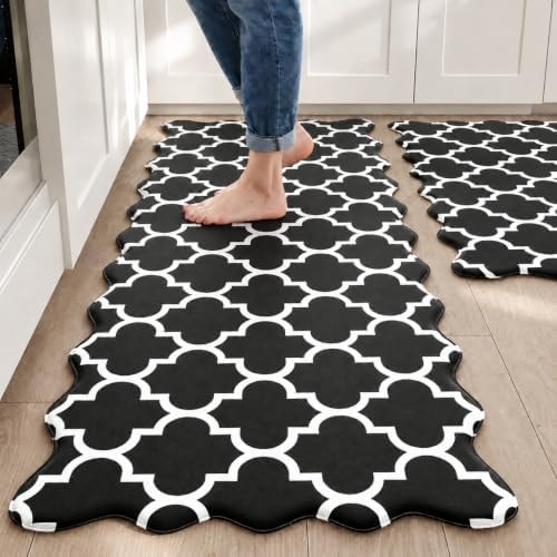 Arenarug Scalloped Kitchen Mats for Floor 2PCS, Black Anti Fatigue Rugs