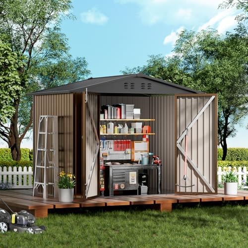 COMHOMA Shed Outdoor Storage Shed Metal,Lockable Doors Tool Sheds with Sloping Roof,Steel Garden Shed with Air Vent for Backyard,Patio,Lawn,Poolside(Brown,8'x6')
